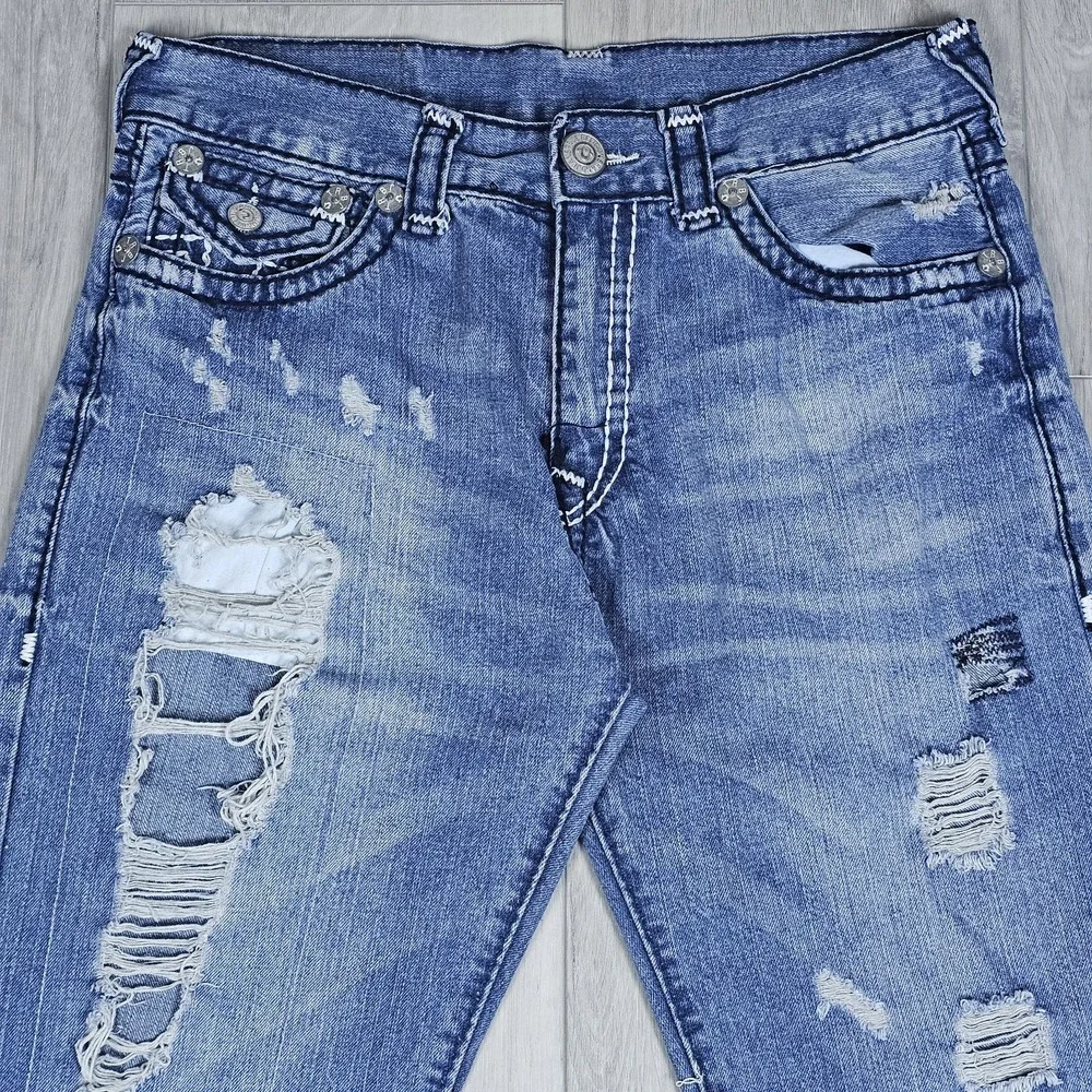 True Religion Ricky Jeans Mens 34x31 Blue Distressed Stone Wash Flap Pockets USA
